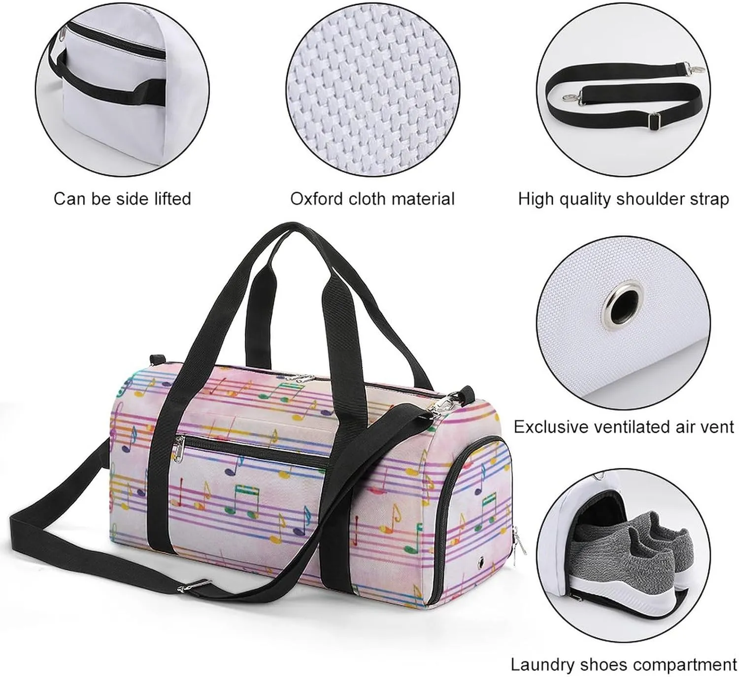 Pentagrams-musical Notes Sports Tote Gym Bag for Women Men, Overnight Bag with Shoe Compartment Water Resistant