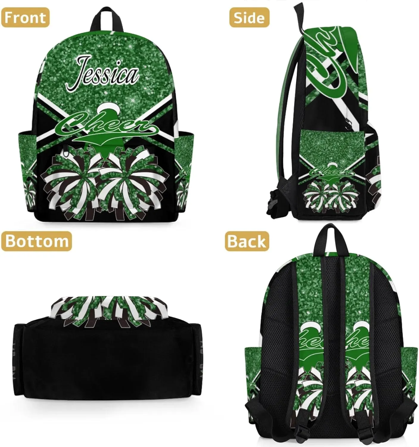 Personalized Cheer Bag Name Backpack Bags for Women Men, Custom Large Capacity Waterproof Cheerleading Shoulder Bags, Casual Daypack, Dark Green Glitter Cheerleader