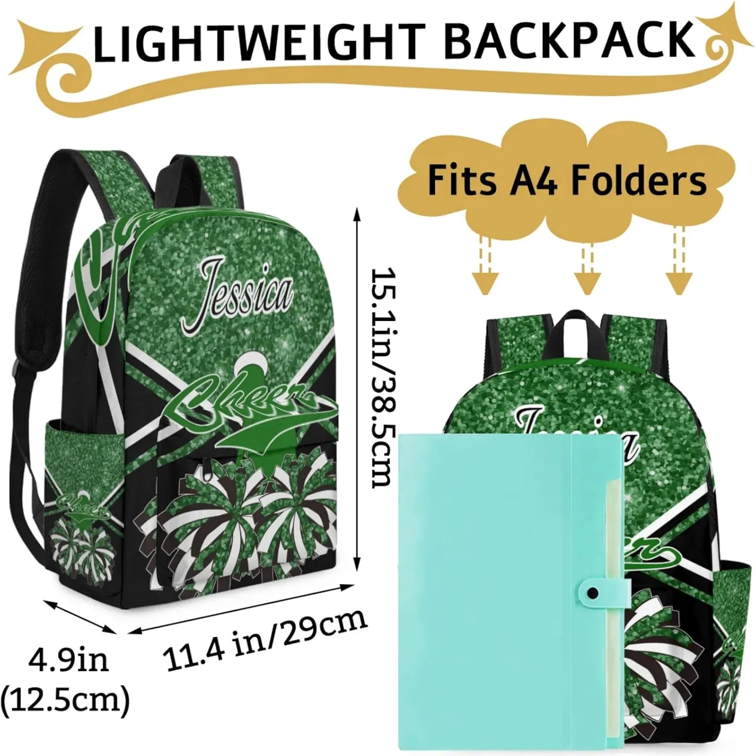 Personalized Cheer Bag Name Backpack Bags for Women Men, Custom Large Capacity Waterproof Cheerleading Shoulder Bags, Casual Daypack, Dark Green Glitter Cheerleader