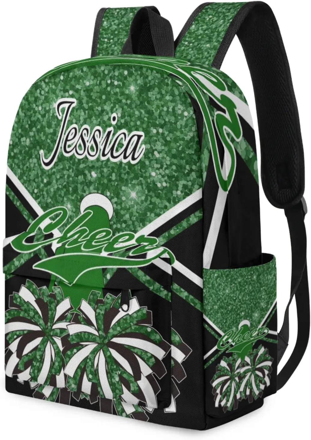 Personalized Cheer Bag Name Backpack Bags for Women Men, Custom Large Capacity Waterproof Cheerleading Shoulder Bags, Casual Daypack, Dark Green Glitter Cheerleader
