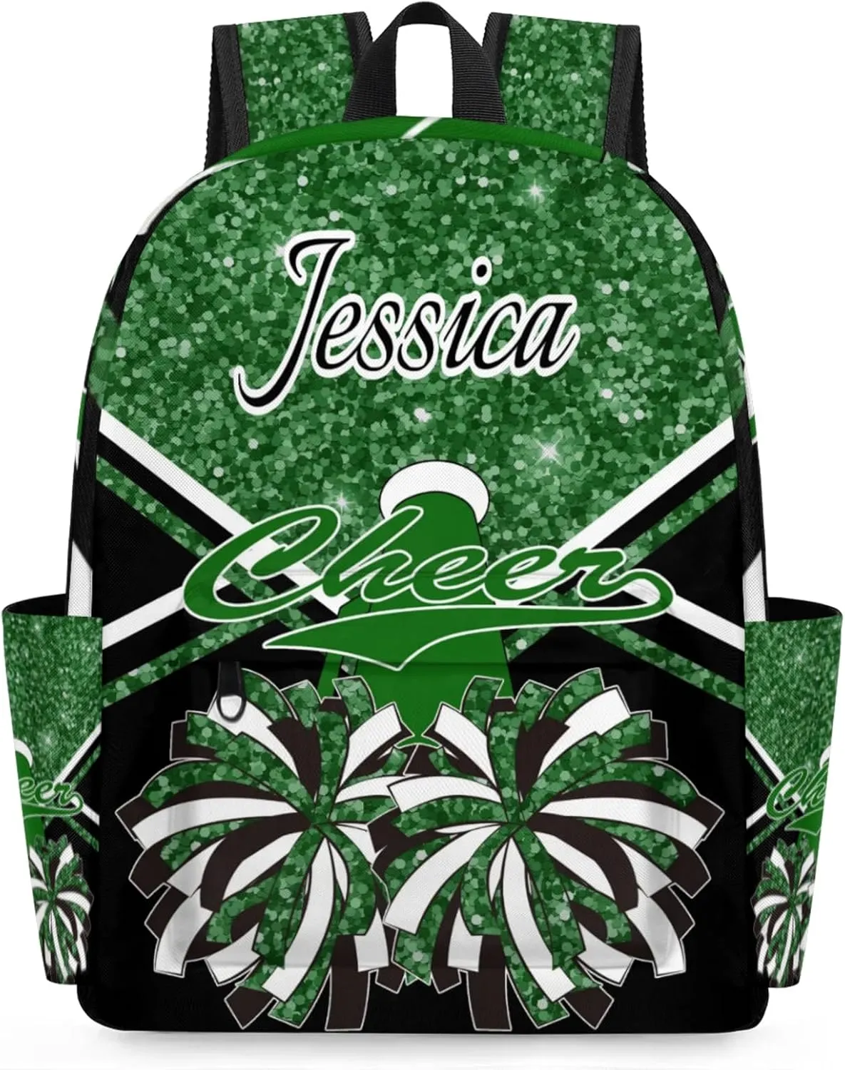 Personalized Cheer Bag Name Backpack Bags for Women Men, Custom Large Capacity Waterproof Cheerleading Shoulder Bags, Casual Daypack, Dark Green Glitter Cheerleader