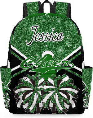 Personalized Cheer Bag Name Backpack Bags for Women Men, Custom Large Capacity Waterproof Cheerleading Shoulder Bags, Casual Daypack, Dark Green Glitter Cheerleader