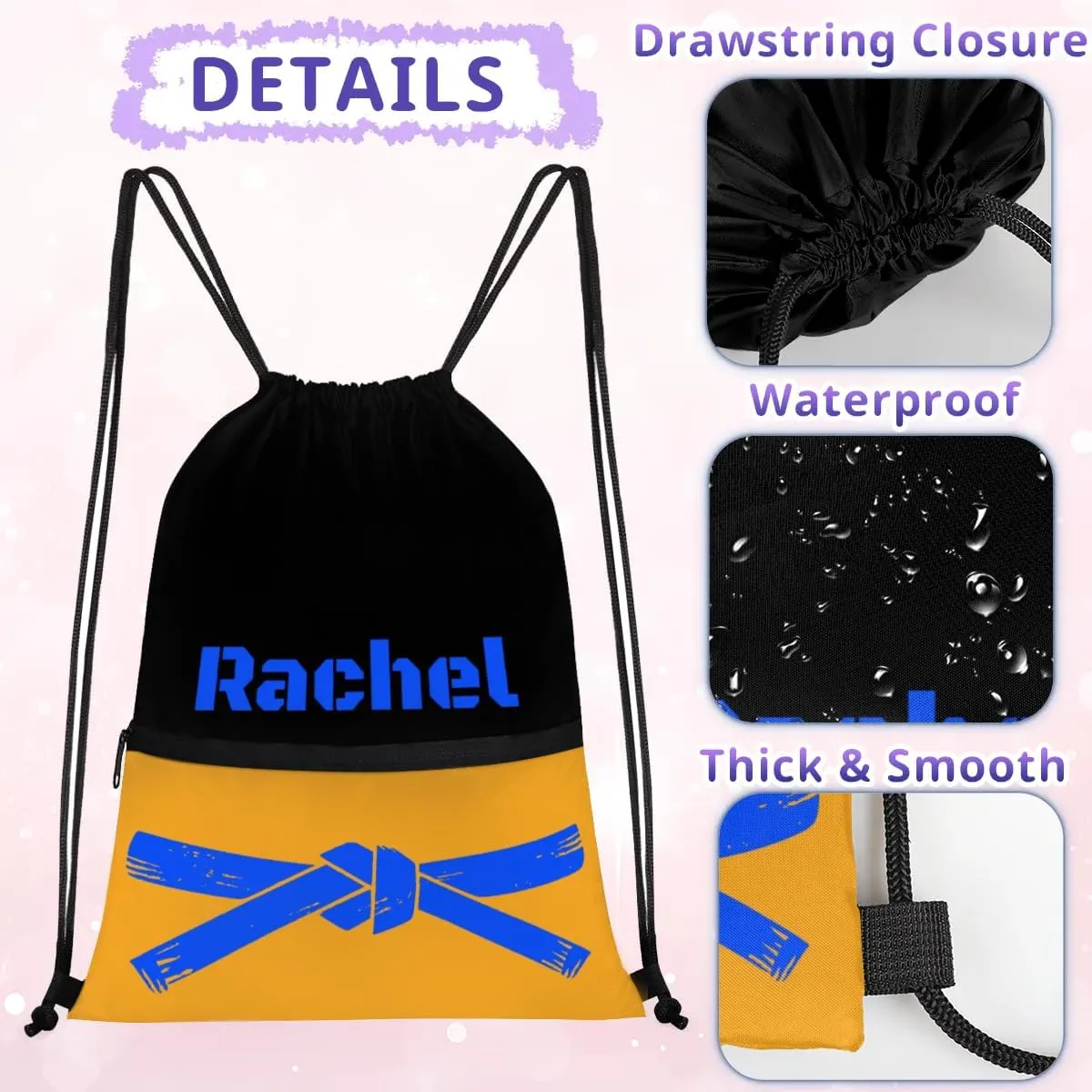 Personalized Martial Art Drawstring Bags Drawstring Backpack for Kids, Taekwondo Karate Drawstring Bags for Boys Girls Belt Blue