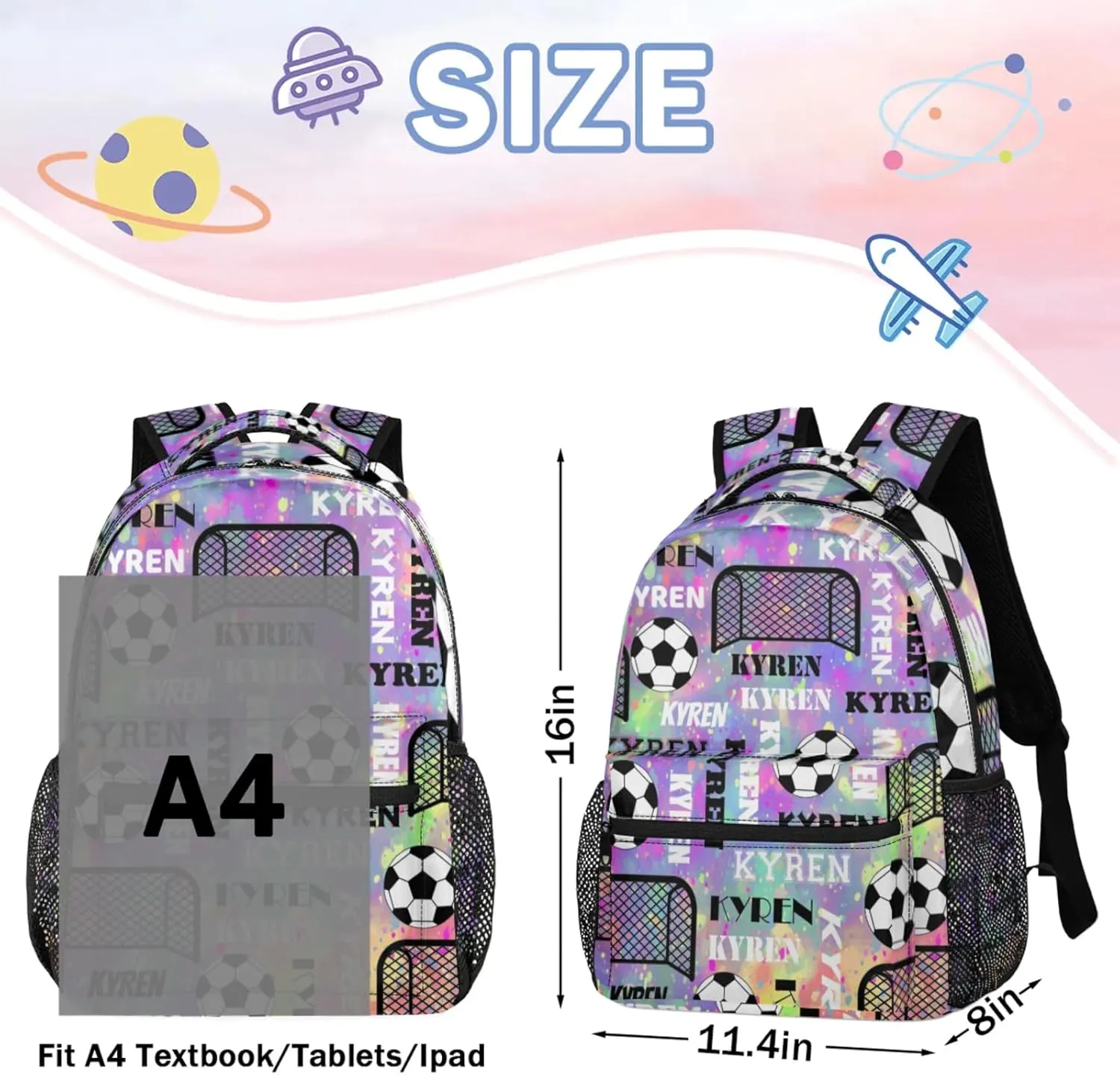 Personalized Name Soccer Backpack, Customized Sports Bag Backpack for Men Women, Custom Name Laptop Backpacks Travel Camping Daypack, Purple Yellow