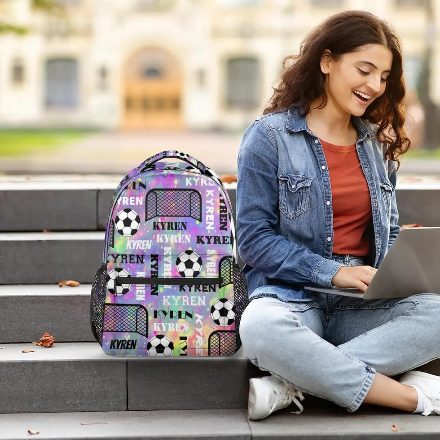 Personalized Name Soccer Backpack, Customized Sports Bag Backpack for Men Women, Custom Name Laptop Backpacks Travel Camping Daypack, Purple Yellow