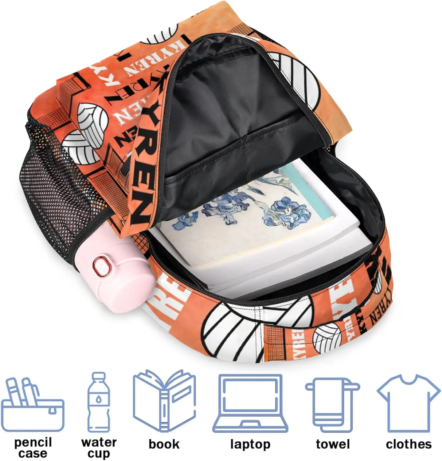 Personalized Name Volleyball Backpack, Custom Sports Bag Backpack for Men Women, Laptop Backpacks Travel Camping Hiking Daypack, Dark Orange
