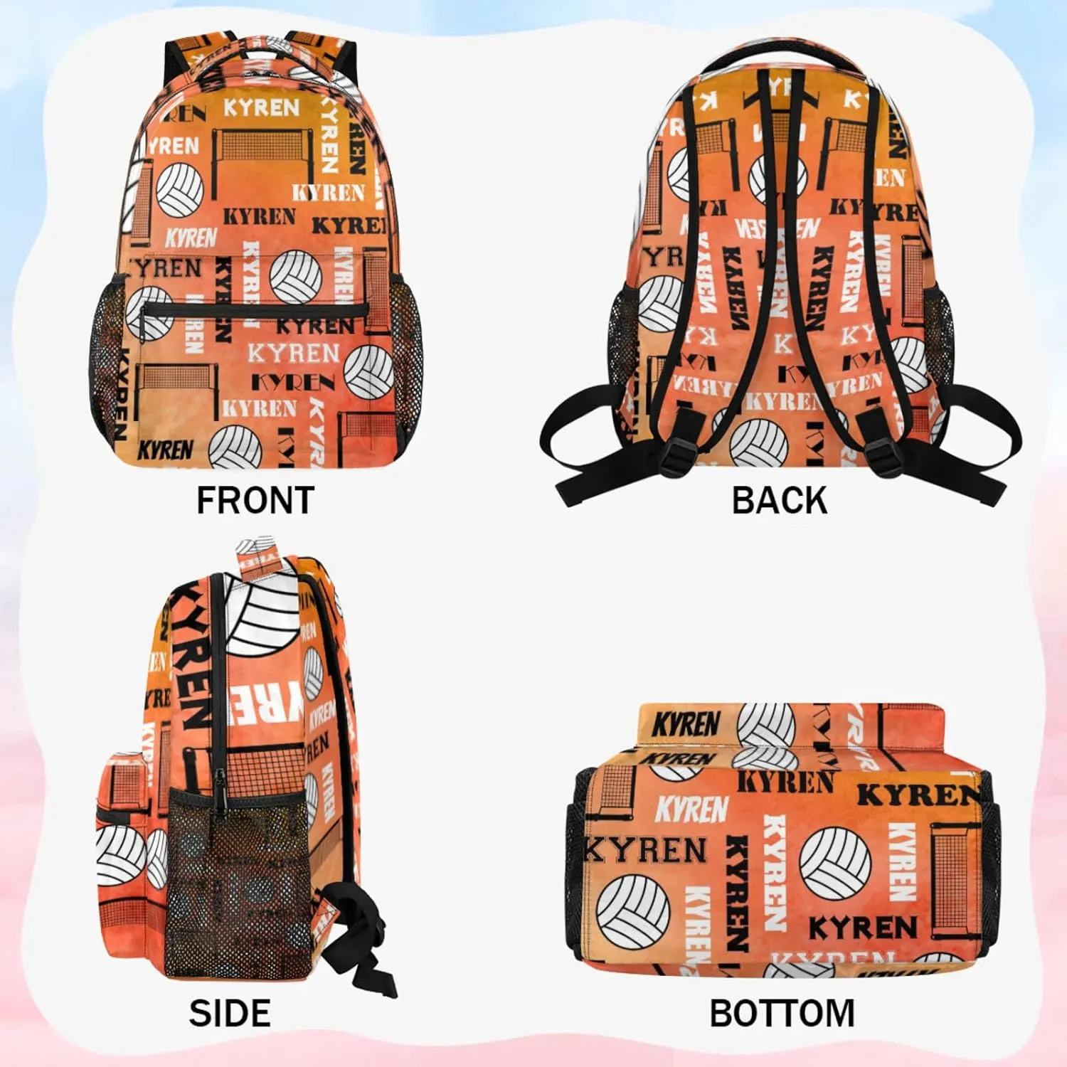 Personalized Name Volleyball Backpack, Custom Sports Bag Backpack for Men Women, Laptop Backpacks Travel Camping Hiking Daypack, Dark Orange