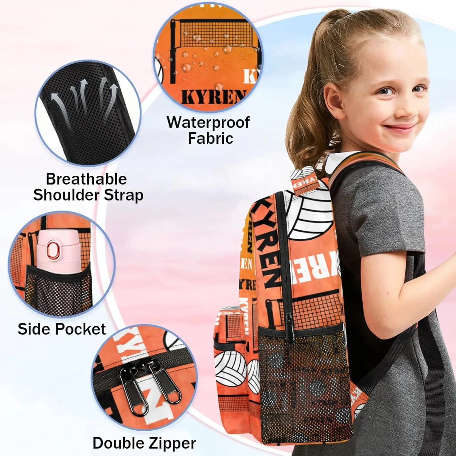 Personalized Name Volleyball Backpack, Custom Sports Bag Backpack for Men Women, Laptop Backpacks Travel Camping Hiking Daypack, Dark Orange