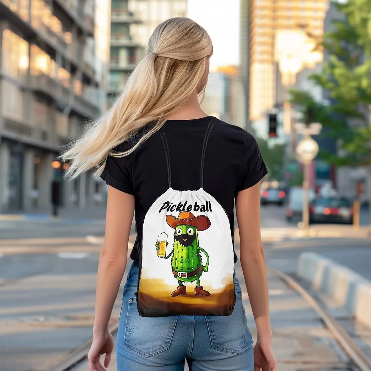 Pickle and Beer String Bag,Funny Pickles Drawstring Backpack Pickle Lovers Gifts,Pickleball Sackpack 13x15.7 Sports Themed Foldable Draw String Back Bag for Sport Gym Camping Traveling