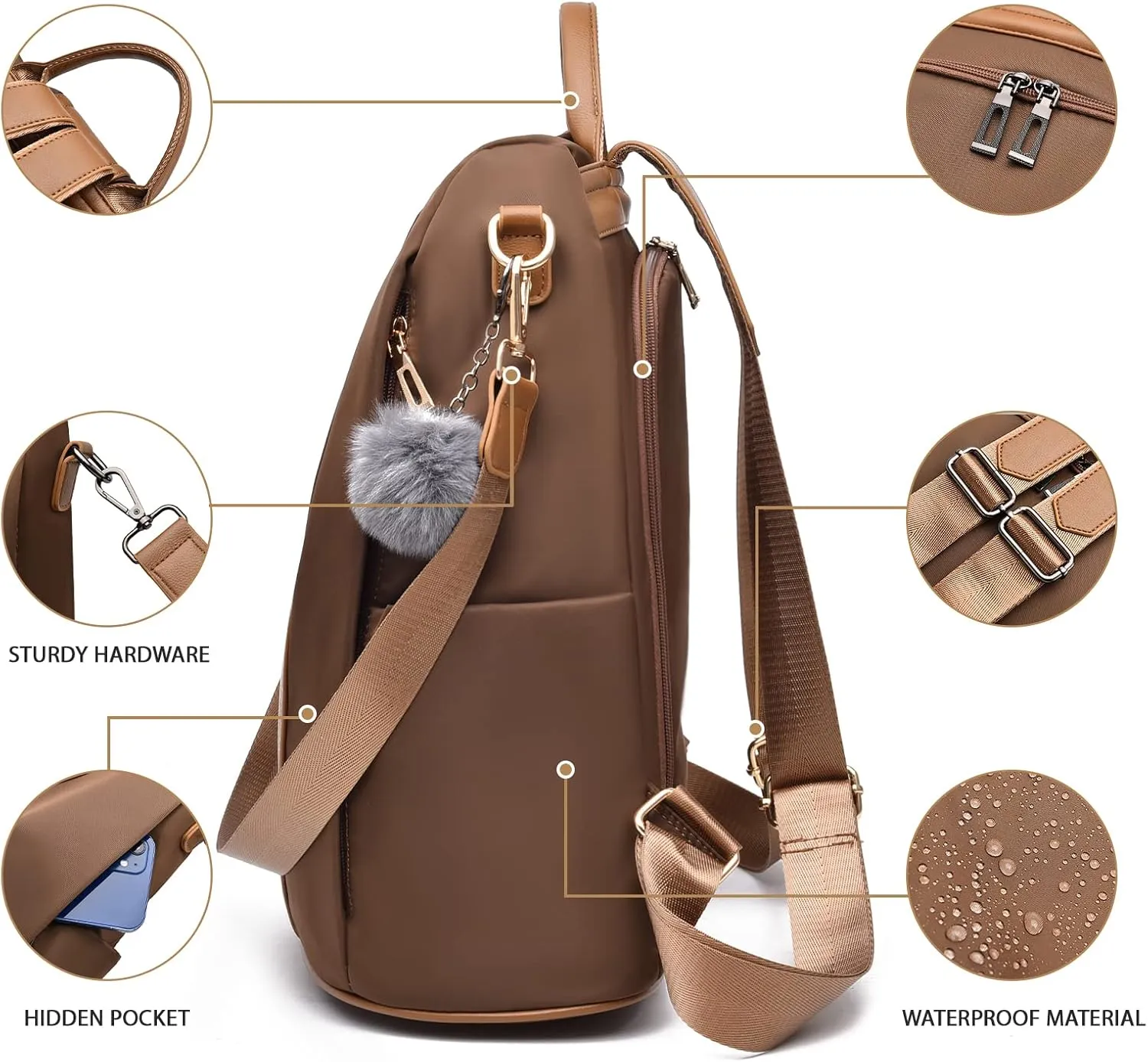 PINCNEL Women Backpack Purse Waterproof Nylon Anti-theft Rucksack Lightweight Shoulder Bag(Brown Large1)