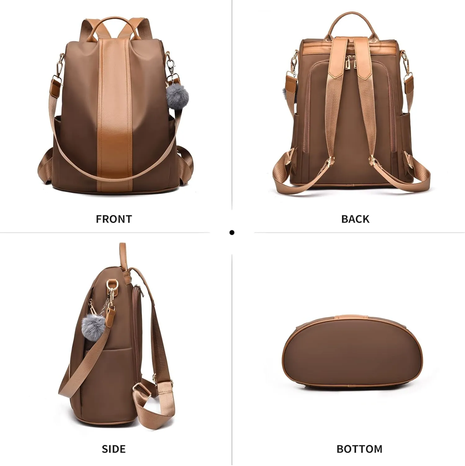 PINCNEL Women Backpack Purse Waterproof Nylon Anti-theft Rucksack Lightweight Shoulder Bag(Brown Large1)