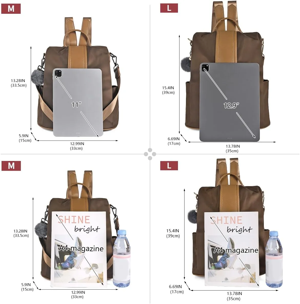 PINCNEL Women Backpack Purse Waterproof Nylon Anti-theft Rucksack Lightweight Shoulder Bag(Brown Large1)