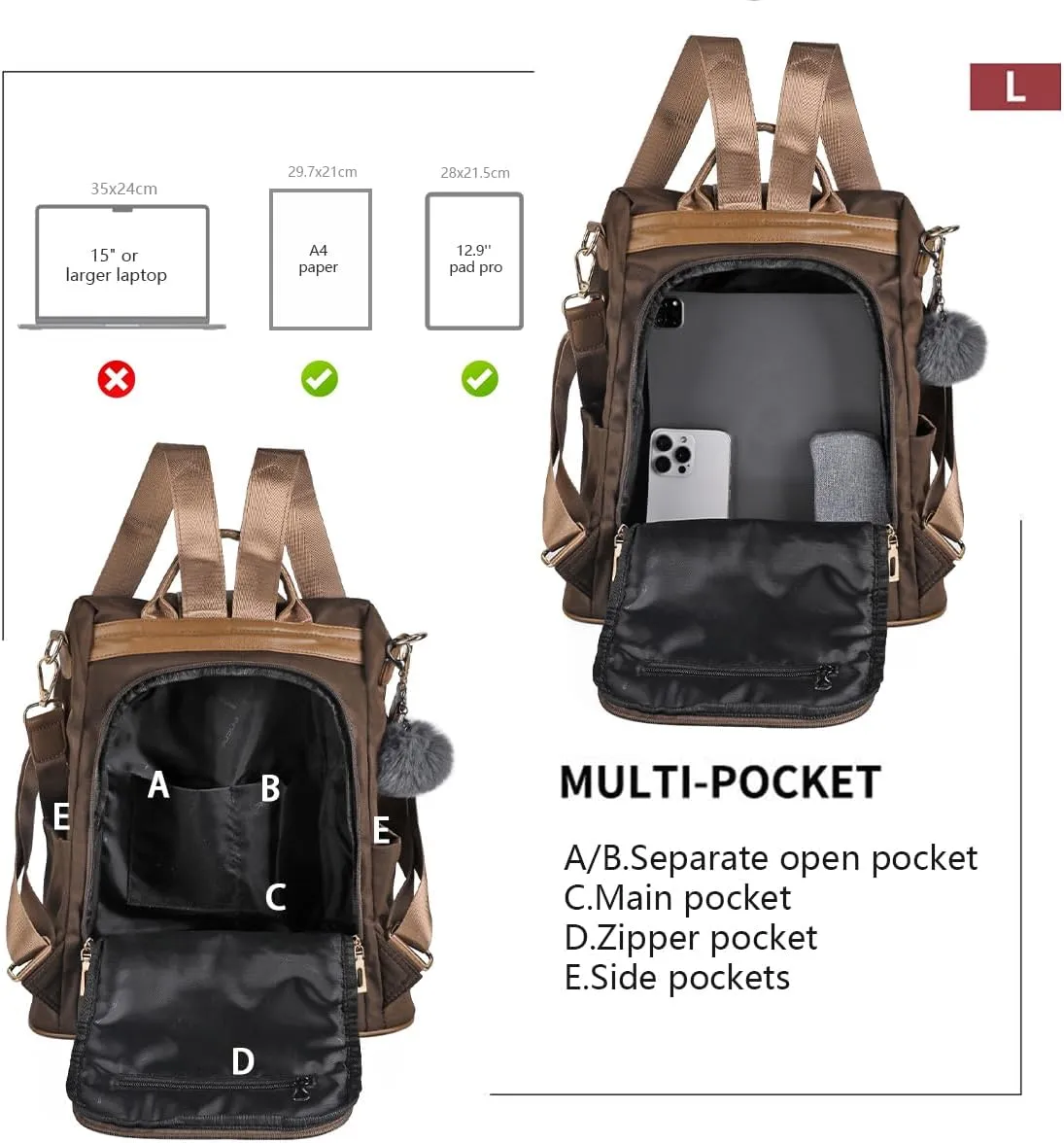 PINCNEL Women Backpack Purse Waterproof Nylon Anti-theft Rucksack Lightweight Shoulder Bag(Brown Large1)