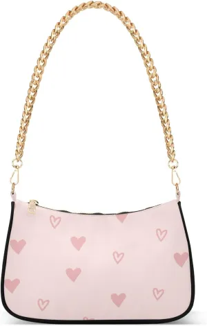 Pink Heart Romantic Shoulder Handbags for Women Travel Hobo Tote Handbag Women Gold Chain Shoulder Bags Purse with Zipper Closure
