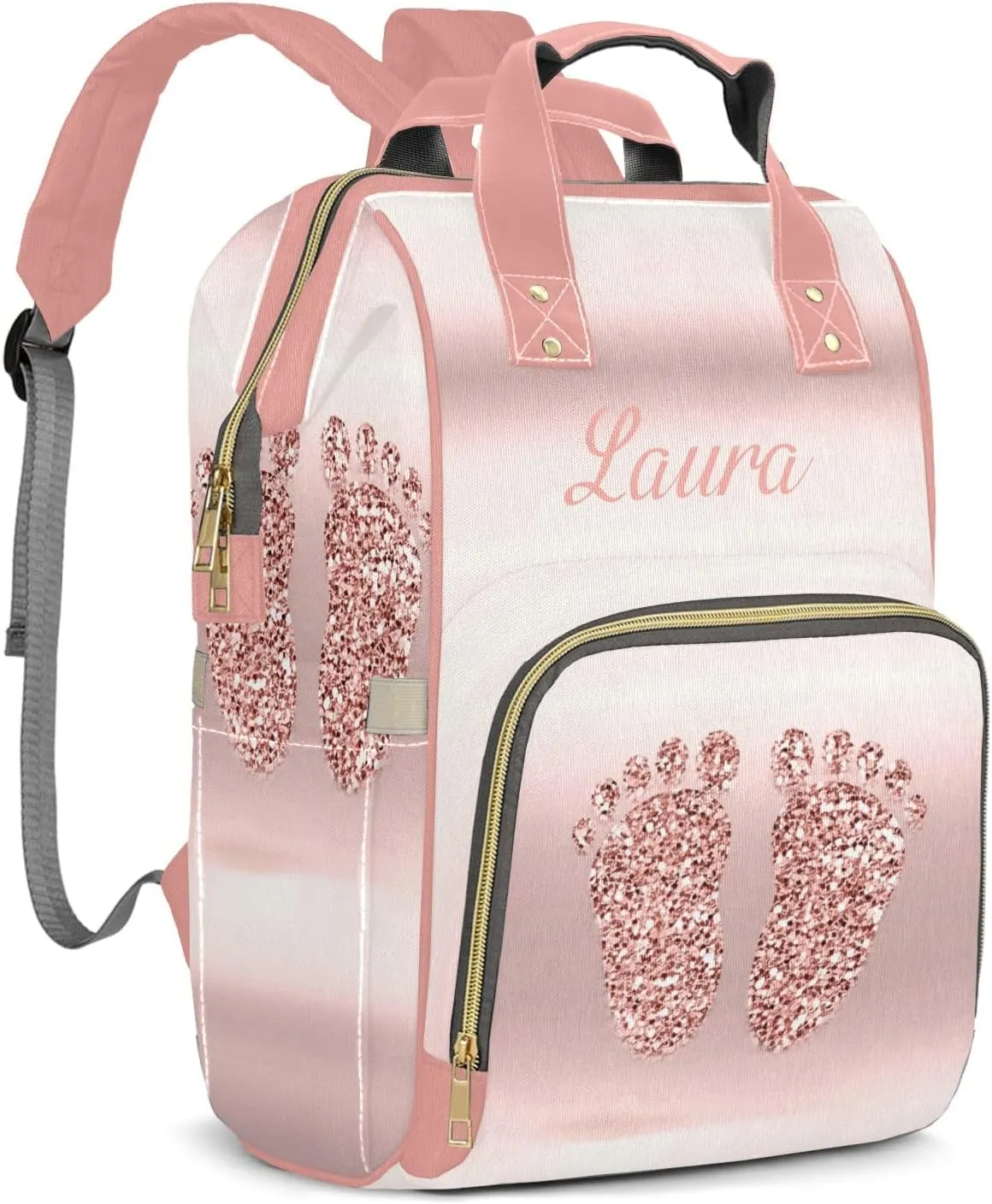 Pink Print Feet Diaper Bags Custom Name Backpack Personalized Baby Nappy Travel Tote Bag for Mom Gift