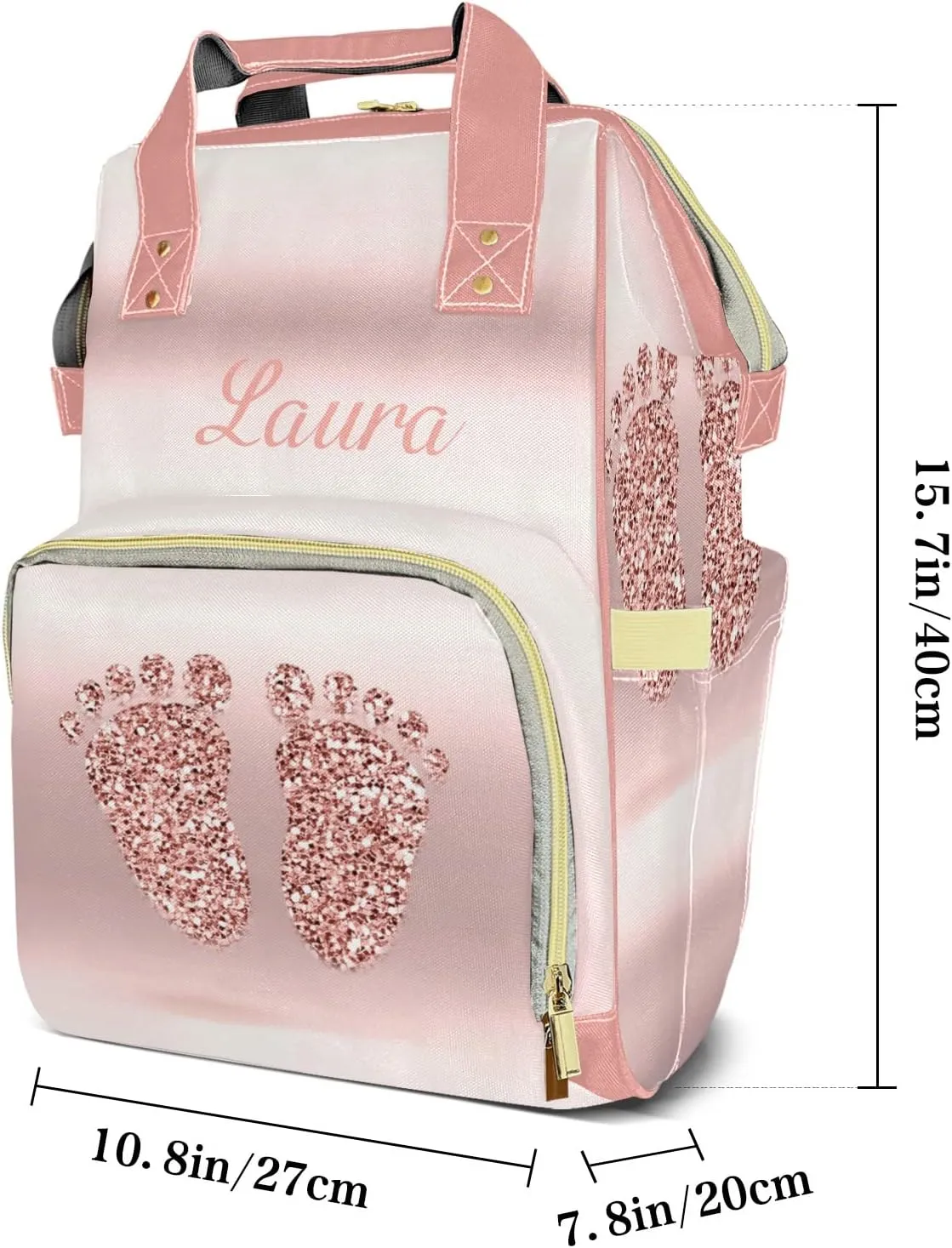Pink Print Feet Diaper Bags Custom Name Backpack Personalized Baby Nappy Travel Tote Bag for Mom Gift