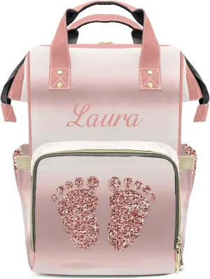 Pink Print Feet Diaper Bags Custom Name Backpack Personalized Baby Nappy Travel Tote Bag for Mom Gift