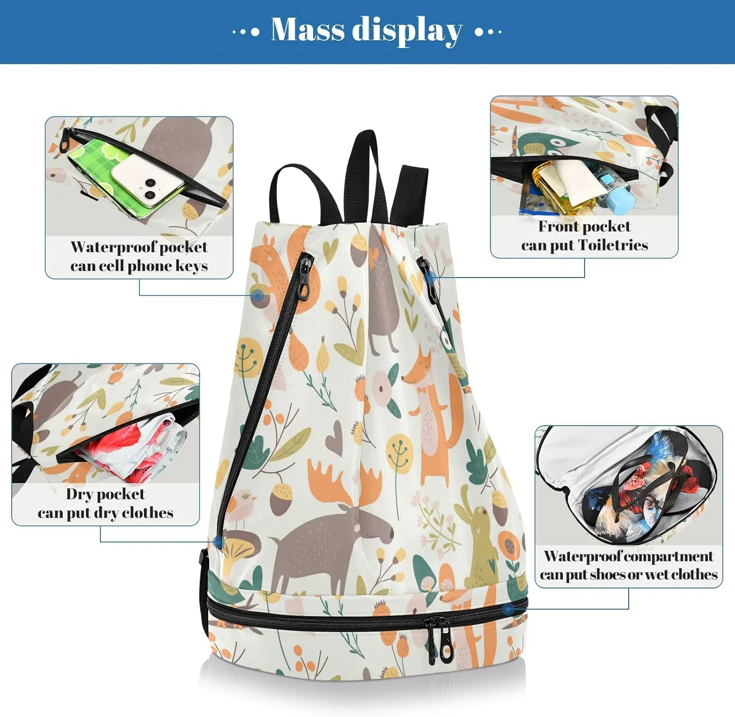 Poeticcity Gym Swimming Drawstring Bags Daypacks Backpack Purse Casual Knapsack Shoulder Bag Sitting Rucksack Autumn Forest with Bear Hare Squirrel Elk Owl Foxes Flowers