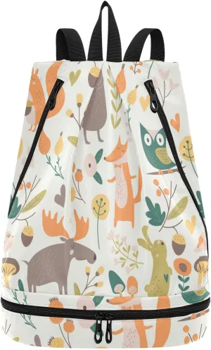 Poeticcity Gym Swimming Drawstring Bags Daypacks Backpack Purse Casual Knapsack Shoulder Bag Sitting Rucksack Autumn Forest with Bear Hare Squirrel Elk Owl Foxes Flowers