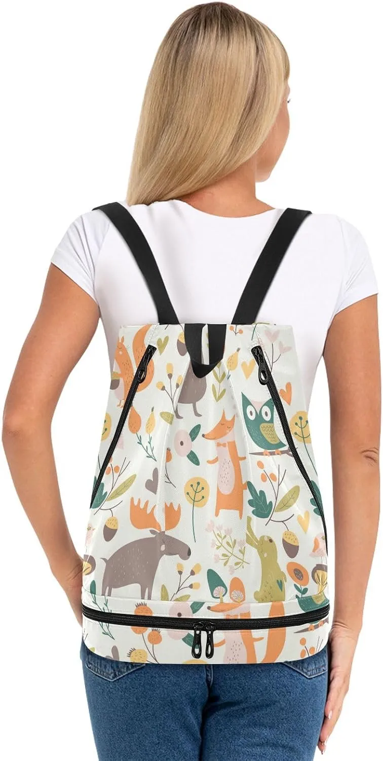 Poeticcity Gym Swimming Drawstring Bags Daypacks Backpack Purse Casual Knapsack Shoulder Bag Sitting Rucksack Autumn Forest with Bear Hare Squirrel Elk Owl Foxes Flowers