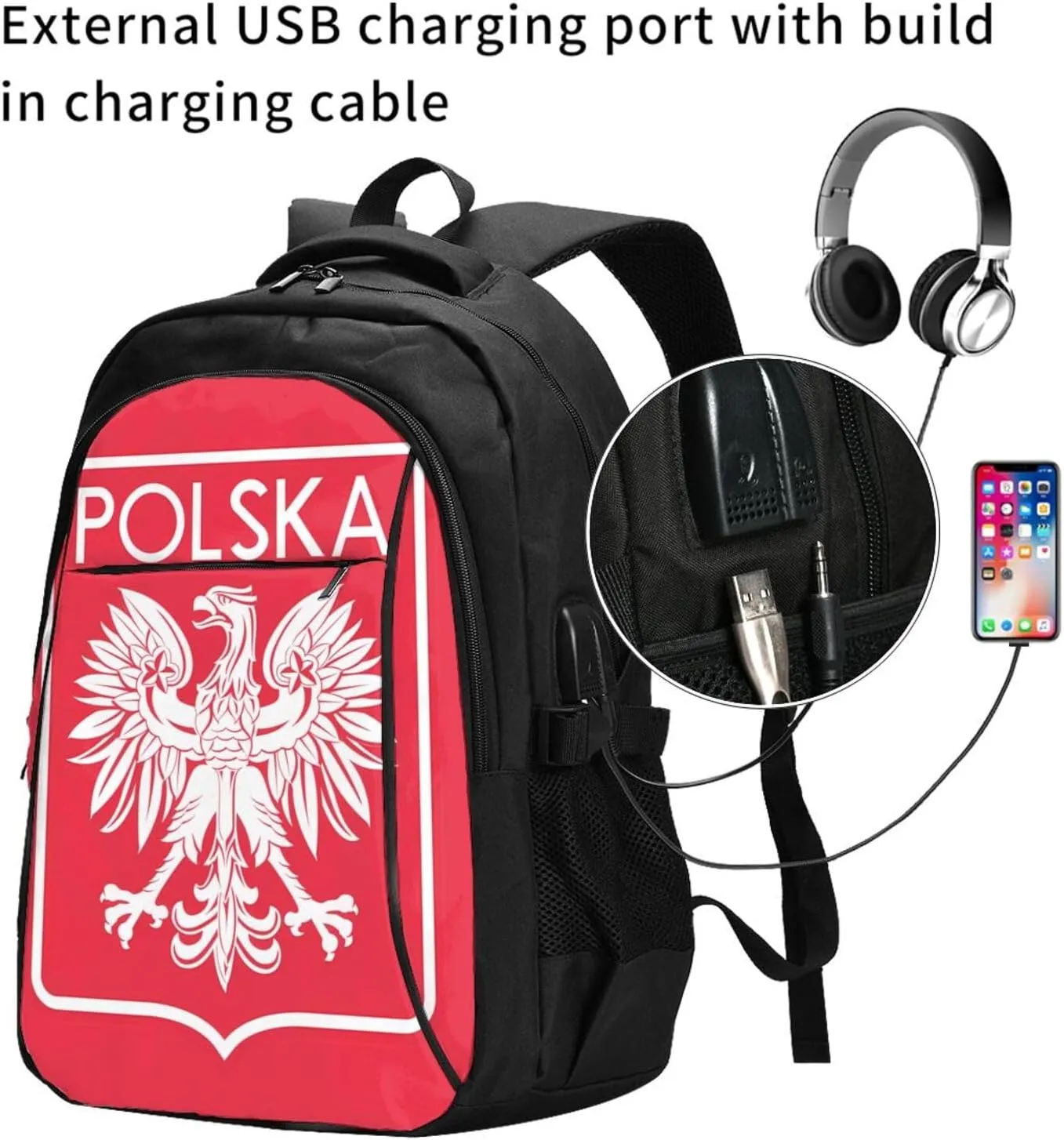 Polish Flag Poland Polska Eagle Casual Travel Backpacks Hiking Camping Backpack Large Outdoor Sport Daypack Laptop Rucksack Climbing Working Bags with USB Port