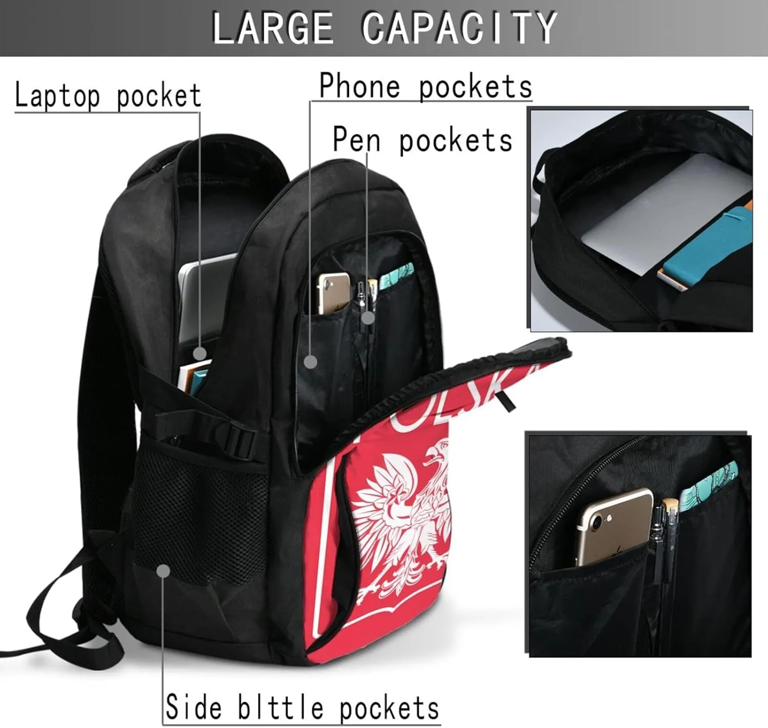Polish Flag Poland Polska Eagle Casual Travel Backpacks Hiking Camping Backpack Large Outdoor Sport Daypack Laptop Rucksack Climbing Working Bags with USB Port