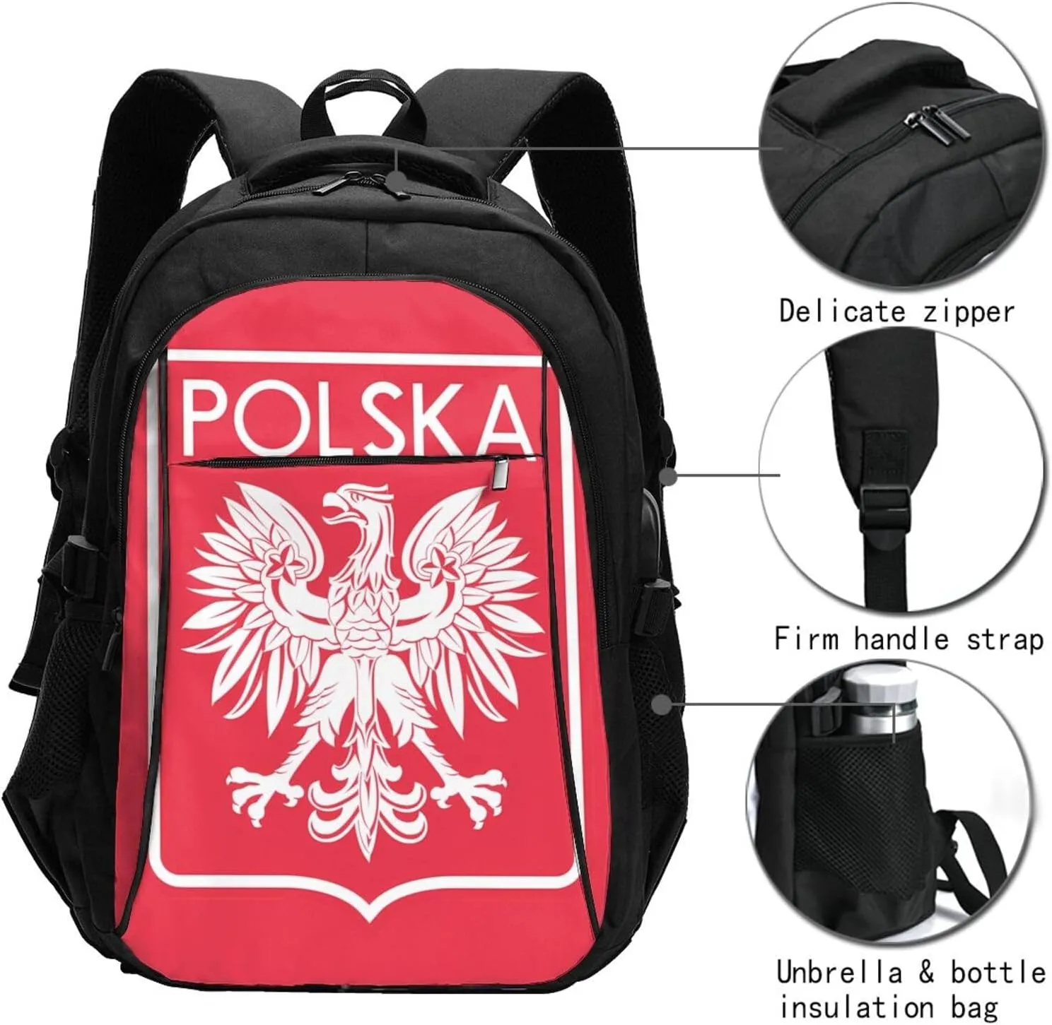 Polish Flag Poland Polska Eagle Casual Travel Backpacks Hiking Camping Backpack Large Outdoor Sport Daypack Laptop Rucksack Climbing Working Bags with USB Port