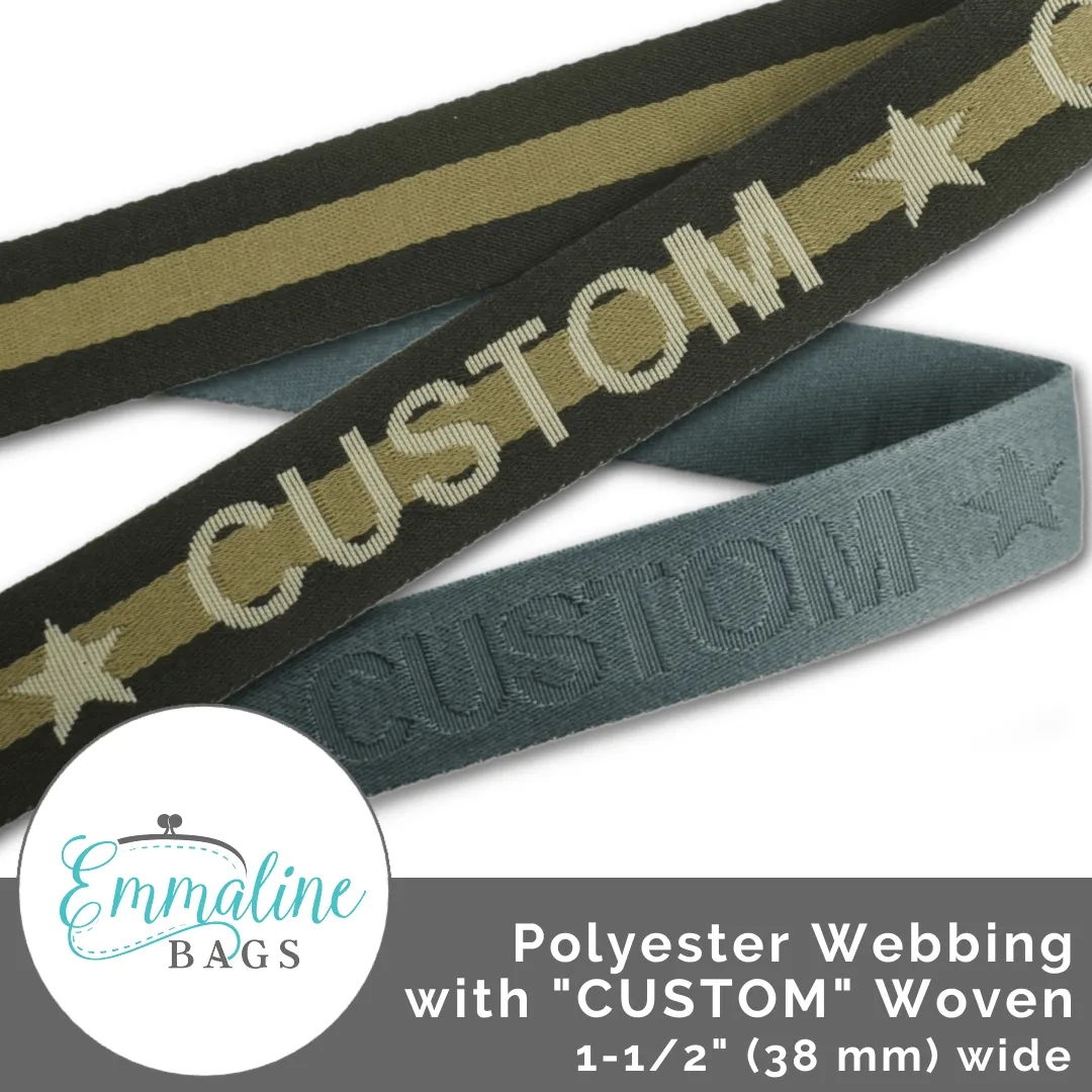 Polyester Webbing with *CUSTOM* Woven Details: 1-1/2" (38mm) Wide (Per 1 Yard)