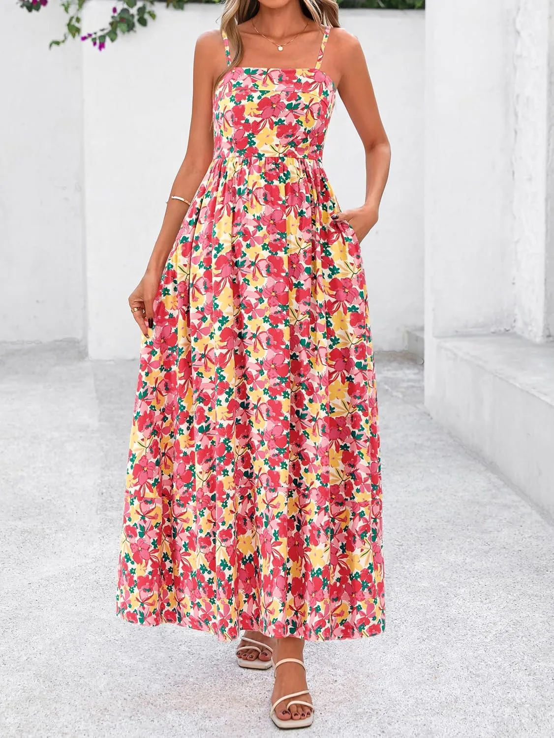 PRETTYGARDEN Summer Dresses for Women 2025 Beach Maxi Dress Spaghetti Strap Floral Boho A Line Wedding Guest Flowy Long Dress