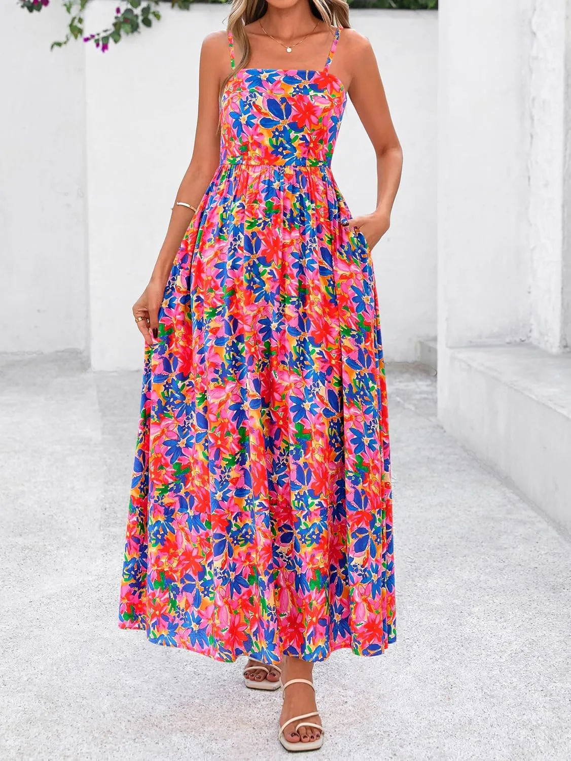 PRETTYGARDEN Summer Dresses for Women 2025 Beach Maxi Dress Spaghetti Strap Floral Boho A Line Wedding Guest Flowy Long Dress
