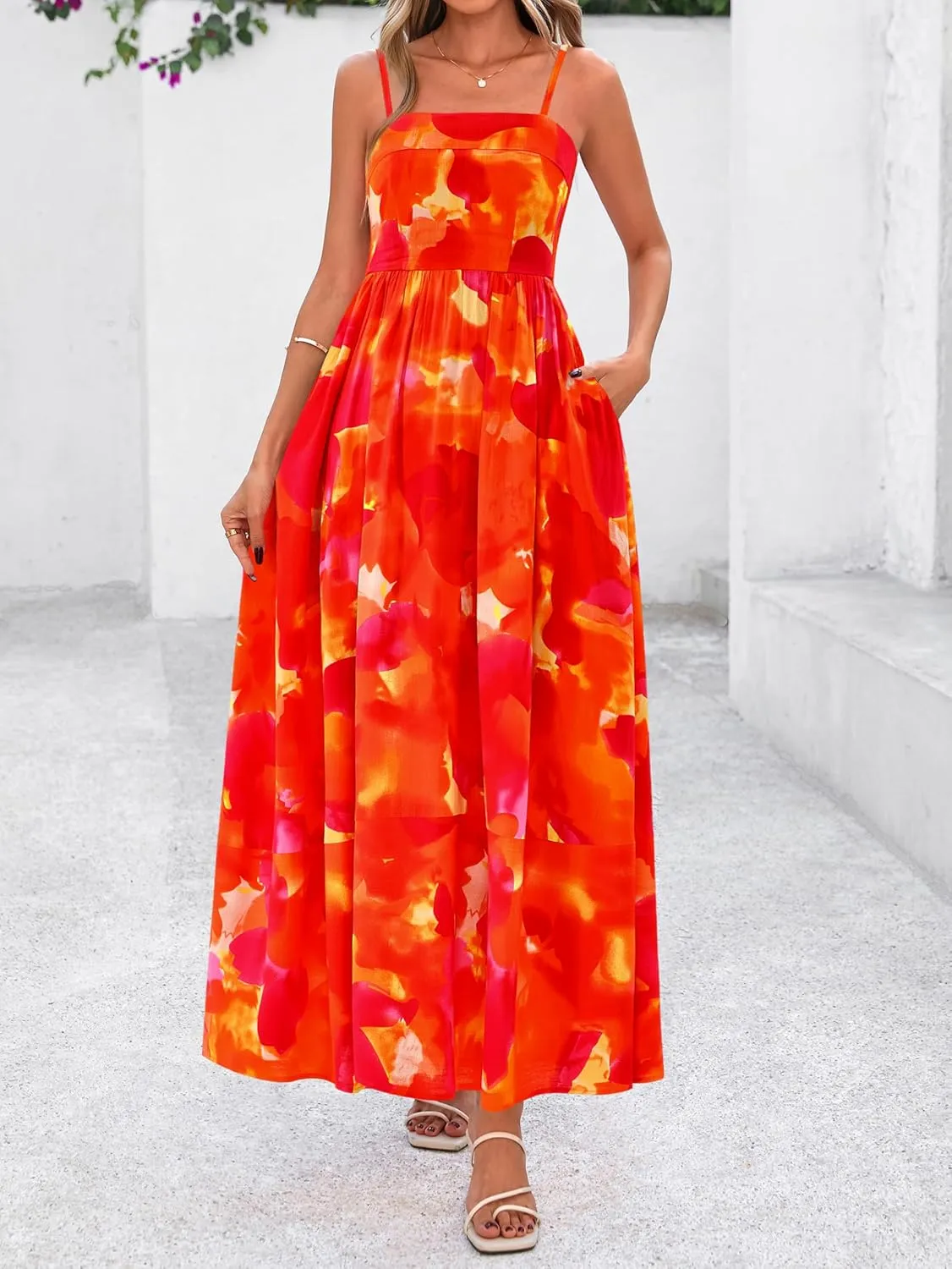 PRETTYGARDEN Summer Dresses for Women 2025 Beach Maxi Dress Spaghetti Strap Floral Boho A Line Wedding Guest Flowy Long Dress