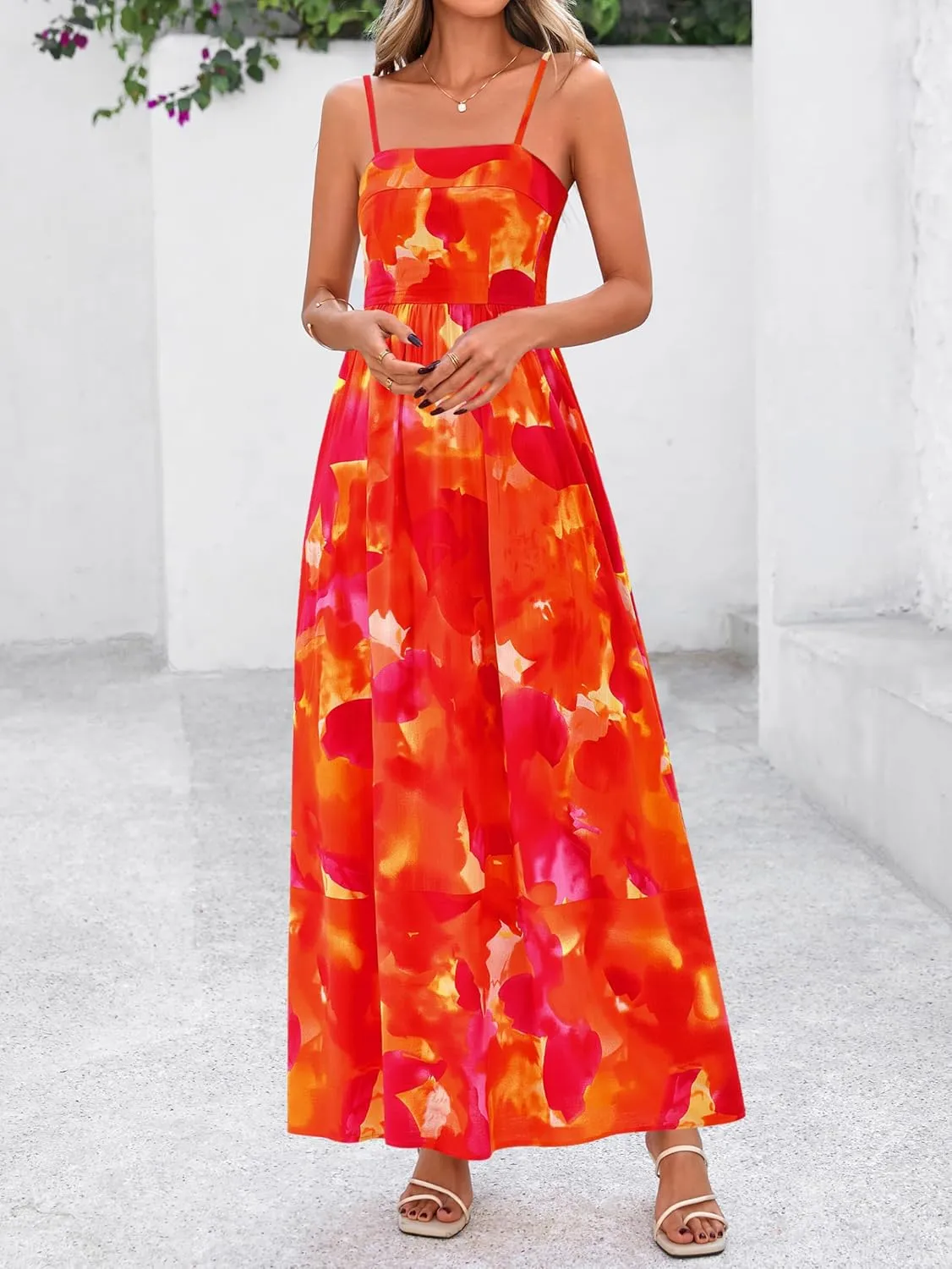 PRETTYGARDEN Summer Dresses for Women 2025 Beach Maxi Dress Spaghetti Strap Floral Boho A Line Wedding Guest Flowy Long Dress