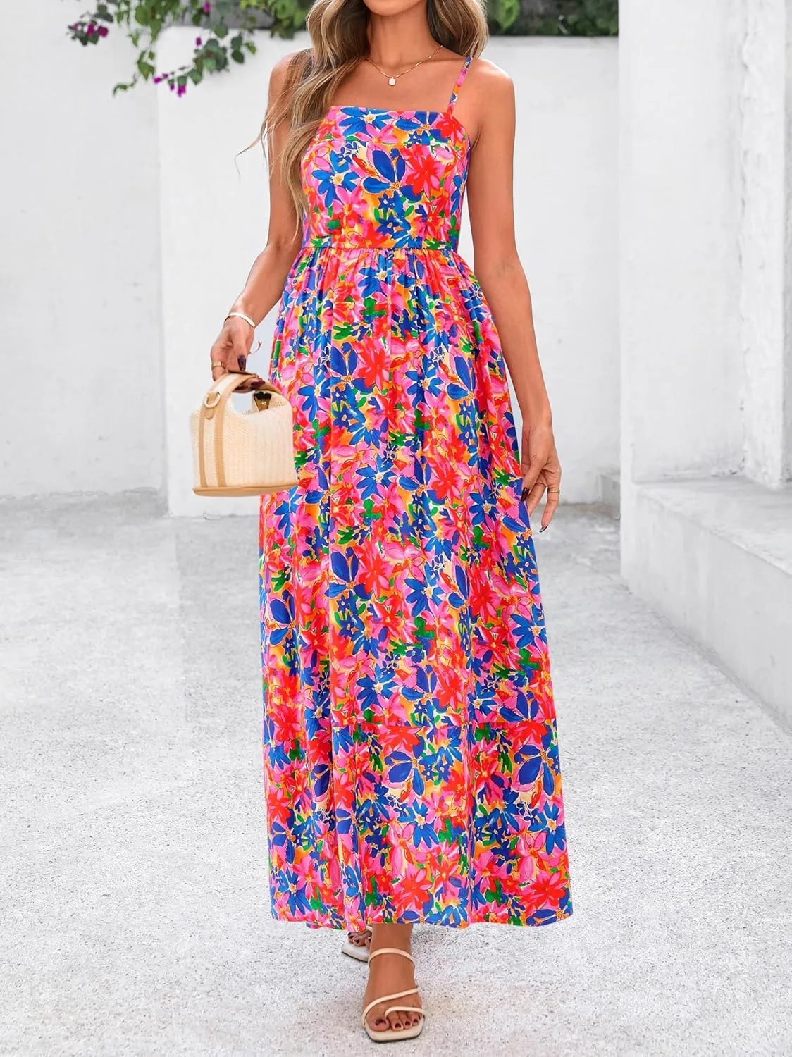 PRETTYGARDEN Summer Dresses for Women 2025 Beach Maxi Dress Spaghetti Strap Floral Boho A Line Wedding Guest Flowy Long Dress