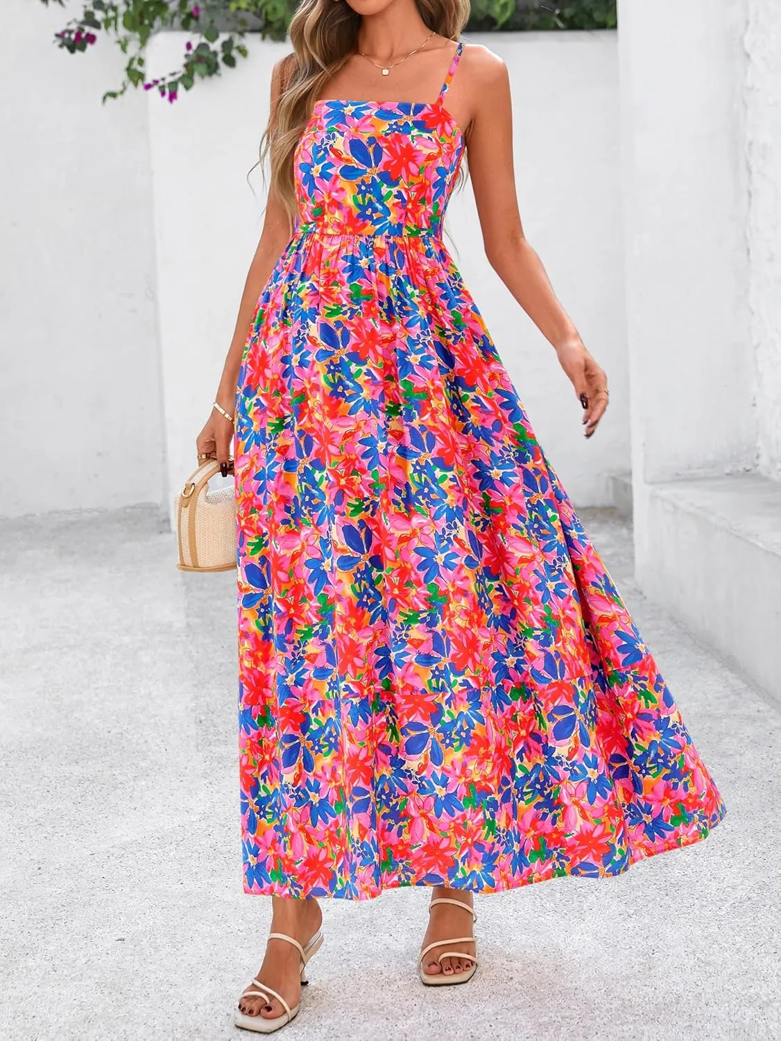 PRETTYGARDEN Summer Dresses for Women 2025 Beach Maxi Dress Spaghetti Strap Floral Boho A Line Wedding Guest Flowy Long Dress