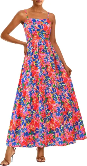 PRETTYGARDEN Summer Dresses for Women 2025 Beach Maxi Dress Spaghetti Strap Floral Boho A Line Wedding Guest Flowy Long Dress