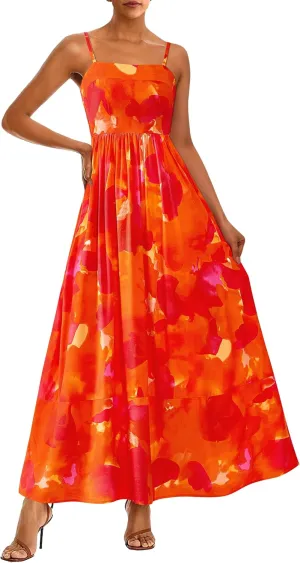 PRETTYGARDEN Summer Dresses for Women 2025 Beach Maxi Dress Spaghetti Strap Floral Boho A Line Wedding Guest Flowy Long Dress