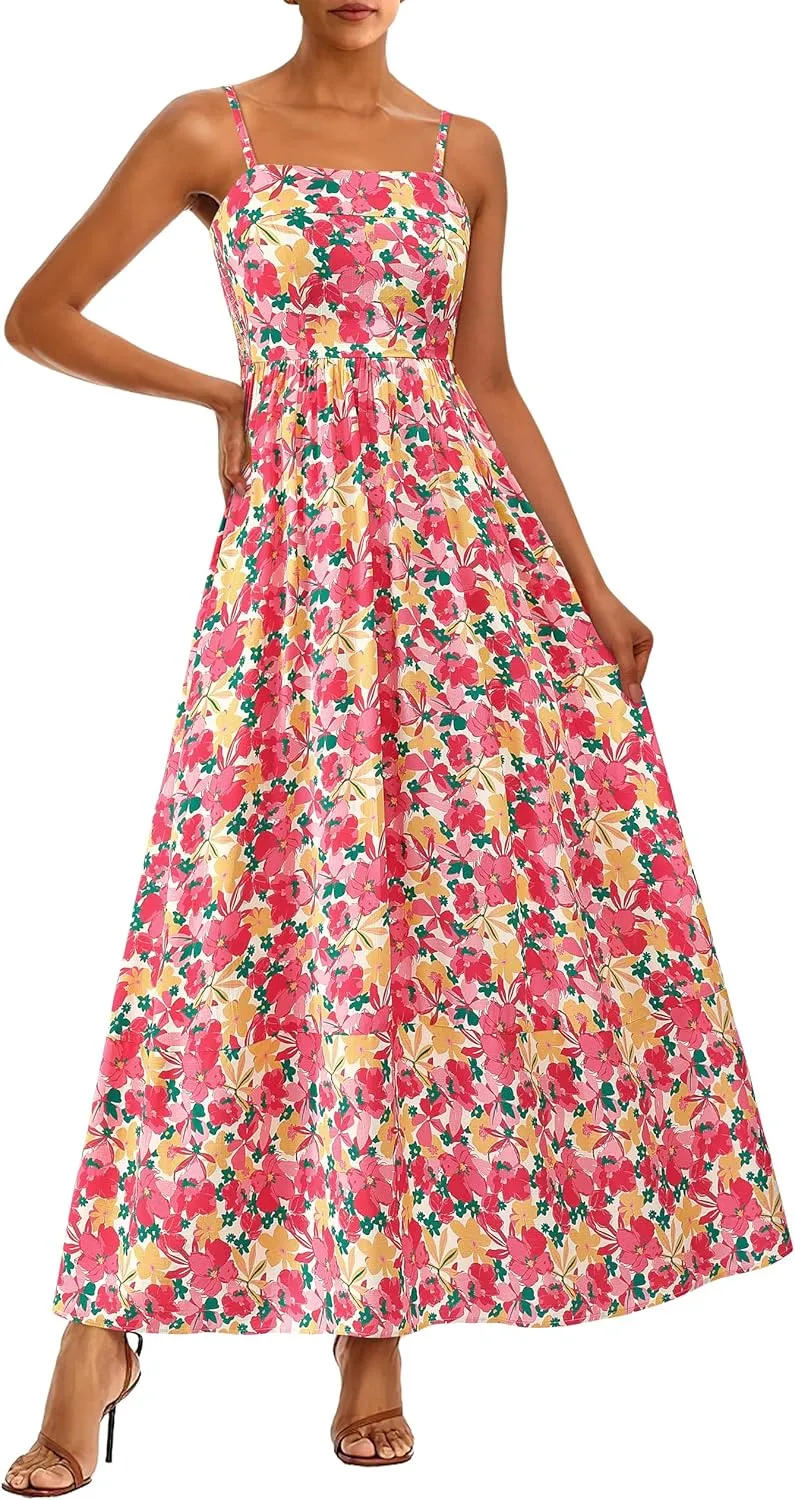 PRETTYGARDEN Summer Dresses for Women 2025 Beach Maxi Dress Spaghetti Strap Floral Boho A Line Wedding Guest Flowy Long Dress