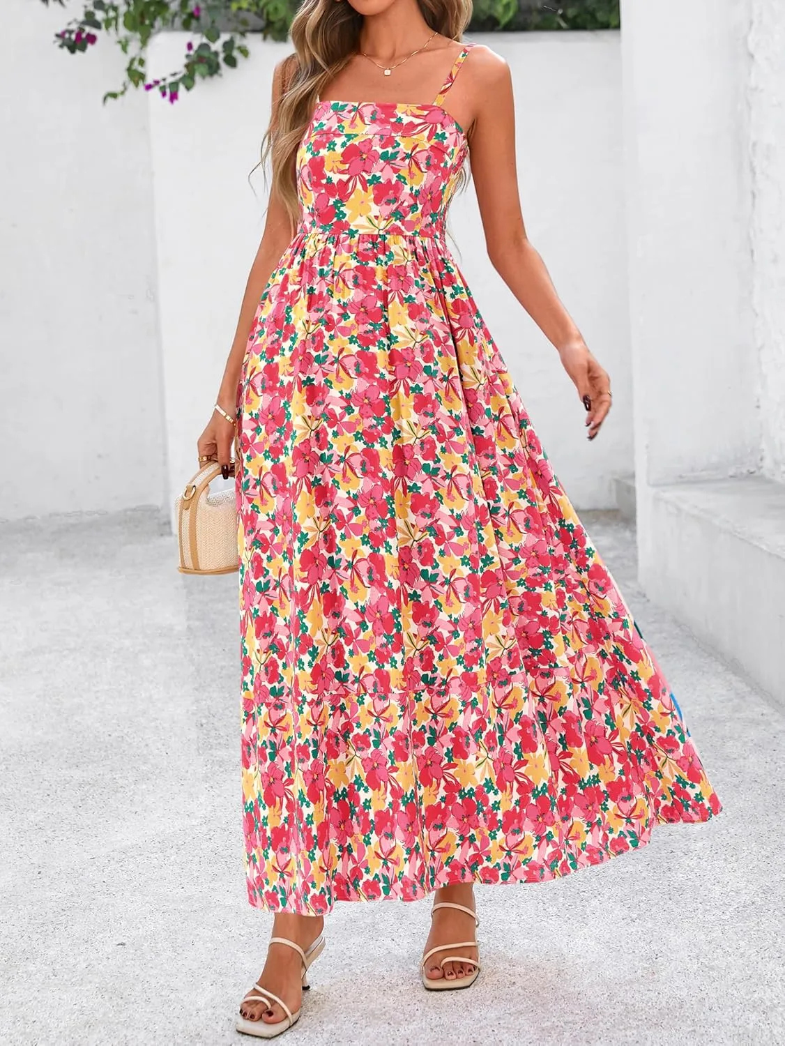 PRETTYGARDEN Summer Dresses for Women 2025 Beach Maxi Dress Spaghetti Strap Floral Boho A Line Wedding Guest Flowy Long Dress