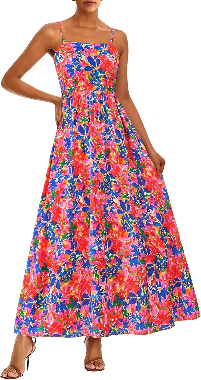 PRETTYGARDEN Summer Dresses for Women 2025 Beach Maxi Dress Spaghetti Strap Floral Boho A Line Wedding Guest Flowy Long Dress