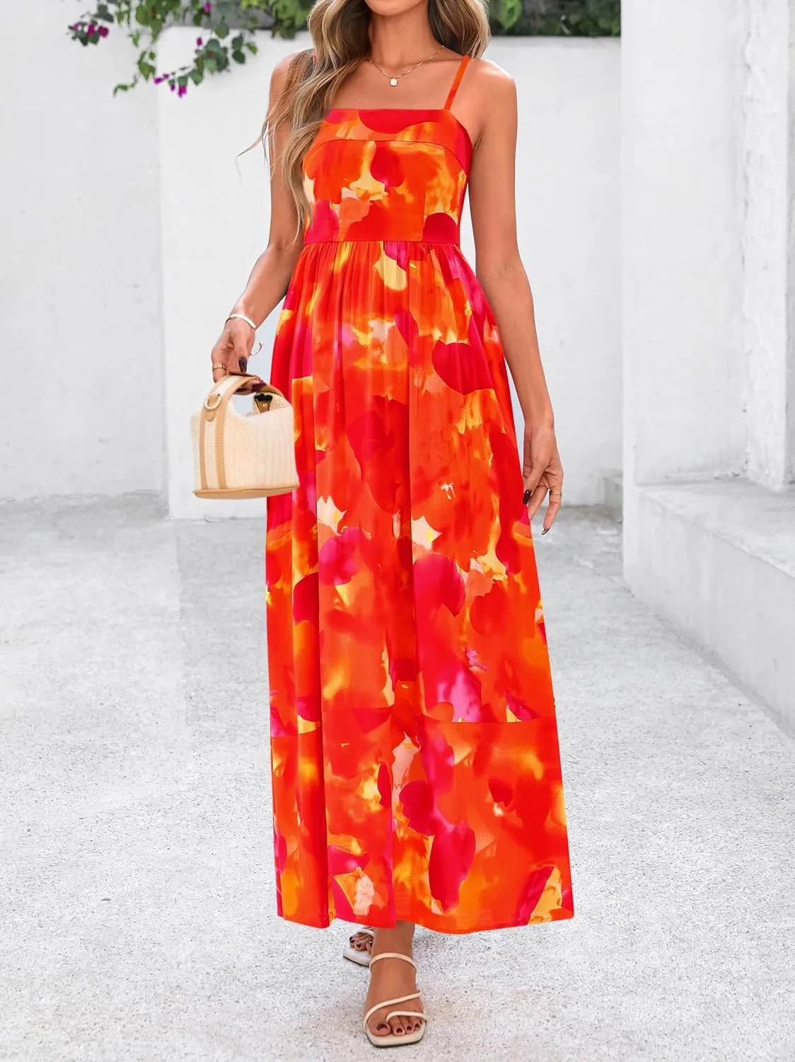 PRETTYGARDEN Summer Dresses for Women 2025 Beach Maxi Dress Spaghetti Strap Floral Boho A Line Wedding Guest Flowy Long Dress