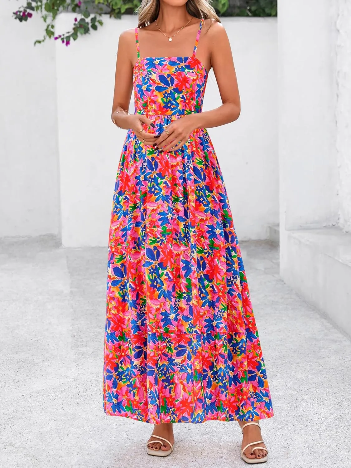 PRETTYGARDEN Summer Dresses for Women 2025 Beach Maxi Dress Spaghetti Strap Floral Boho A Line Wedding Guest Flowy Long Dress