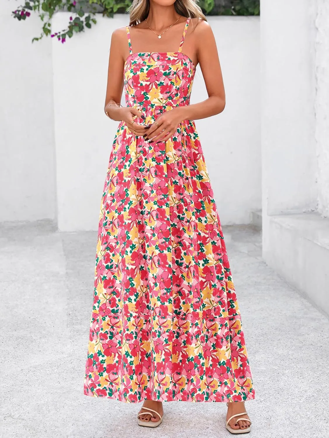 PRETTYGARDEN Summer Dresses for Women 2025 Beach Maxi Dress Spaghetti Strap Floral Boho A Line Wedding Guest Flowy Long Dress