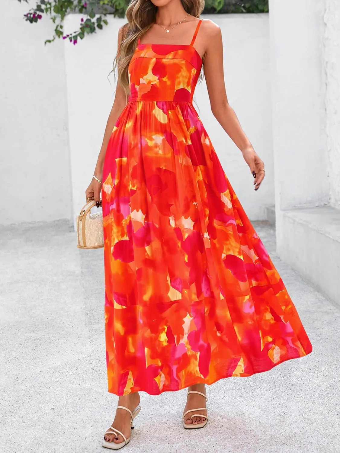 PRETTYGARDEN Summer Dresses for Women 2025 Beach Maxi Dress Spaghetti Strap Floral Boho A Line Wedding Guest Flowy Long Dress