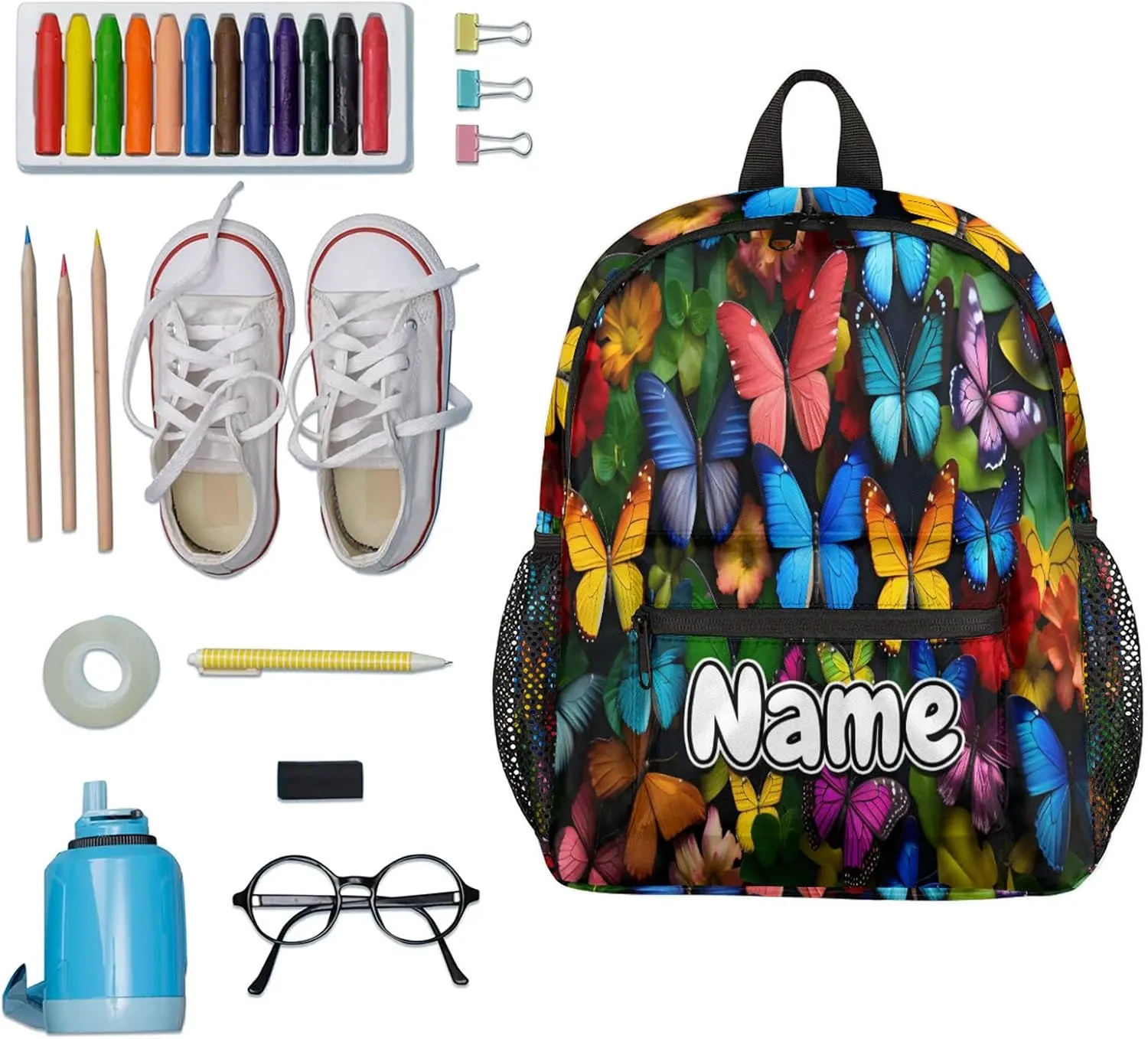 Purple Blue Pink Colored Butterfly Personalized Backpack Bag with Name Lightweight Custom Shoulder Bags Waterproof Casual Backpacks Travel Laptop Bag for Work Picnic 12in