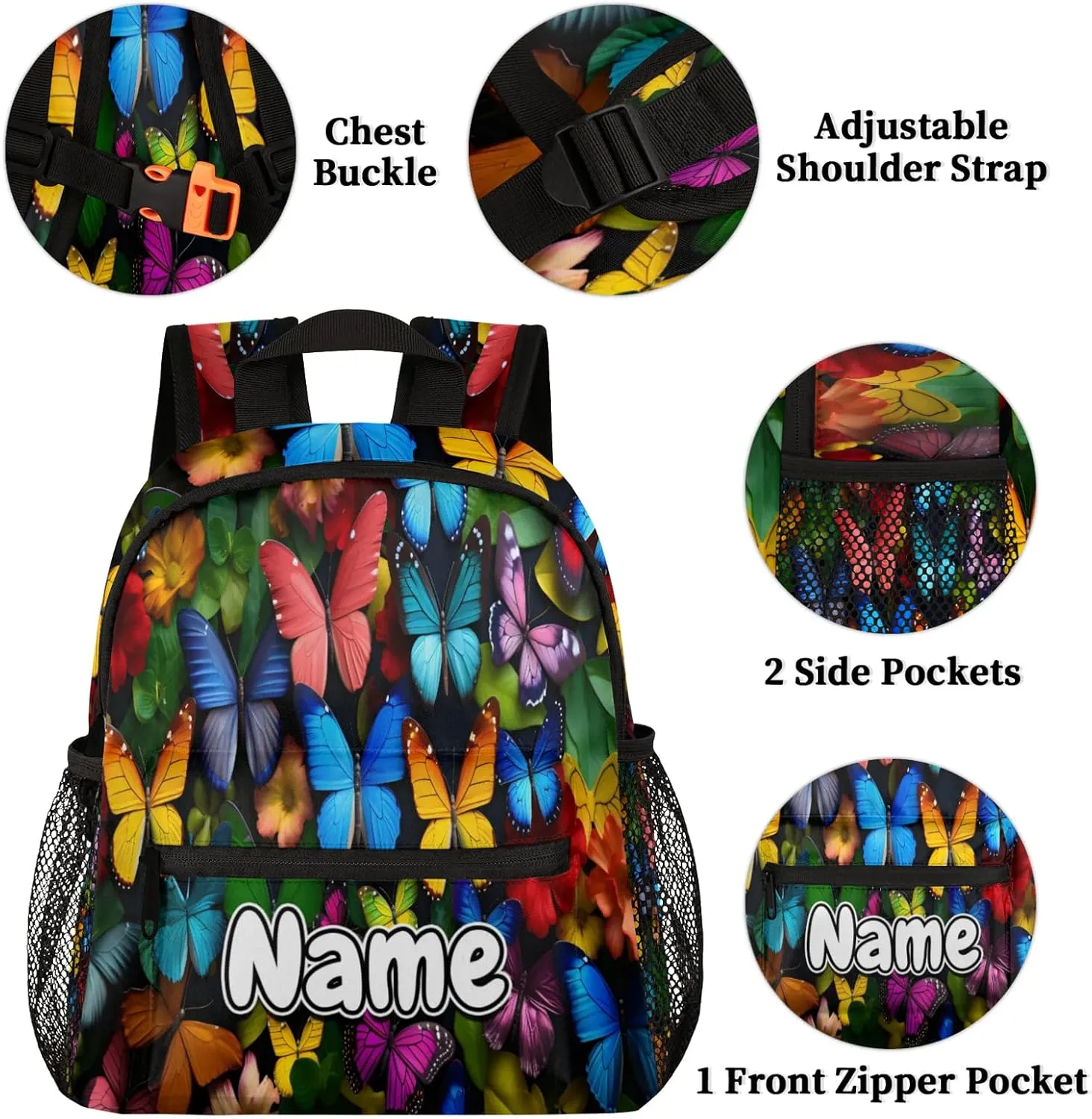 Purple Blue Pink Colored Butterfly Personalized Backpack Bag with Name Lightweight Custom Shoulder Bags Waterproof Casual Backpacks Travel Laptop Bag for Work Picnic 12in