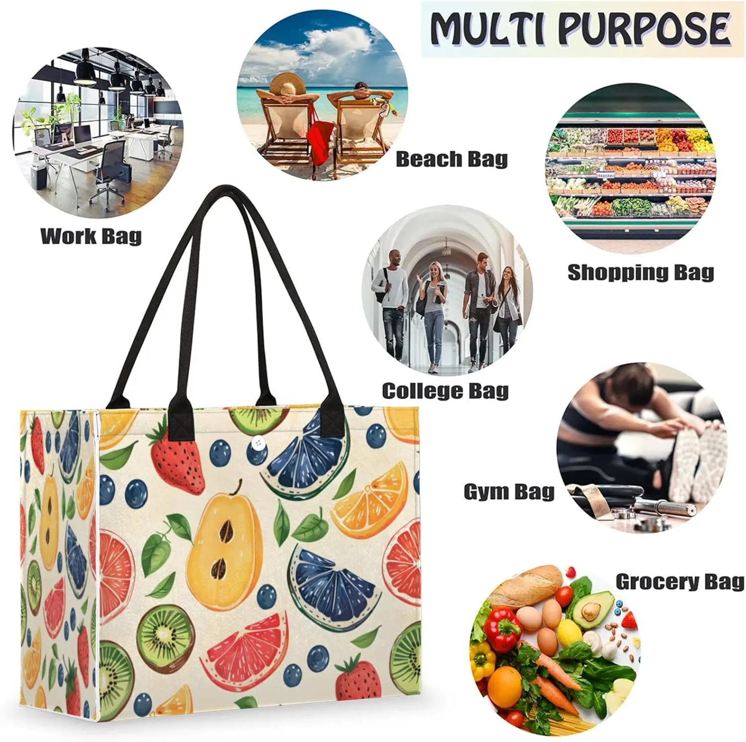 QsirBC Large Tote Bag for Women Men, Travel Beach Bag with Inner Zipper Pocket Snap Closure