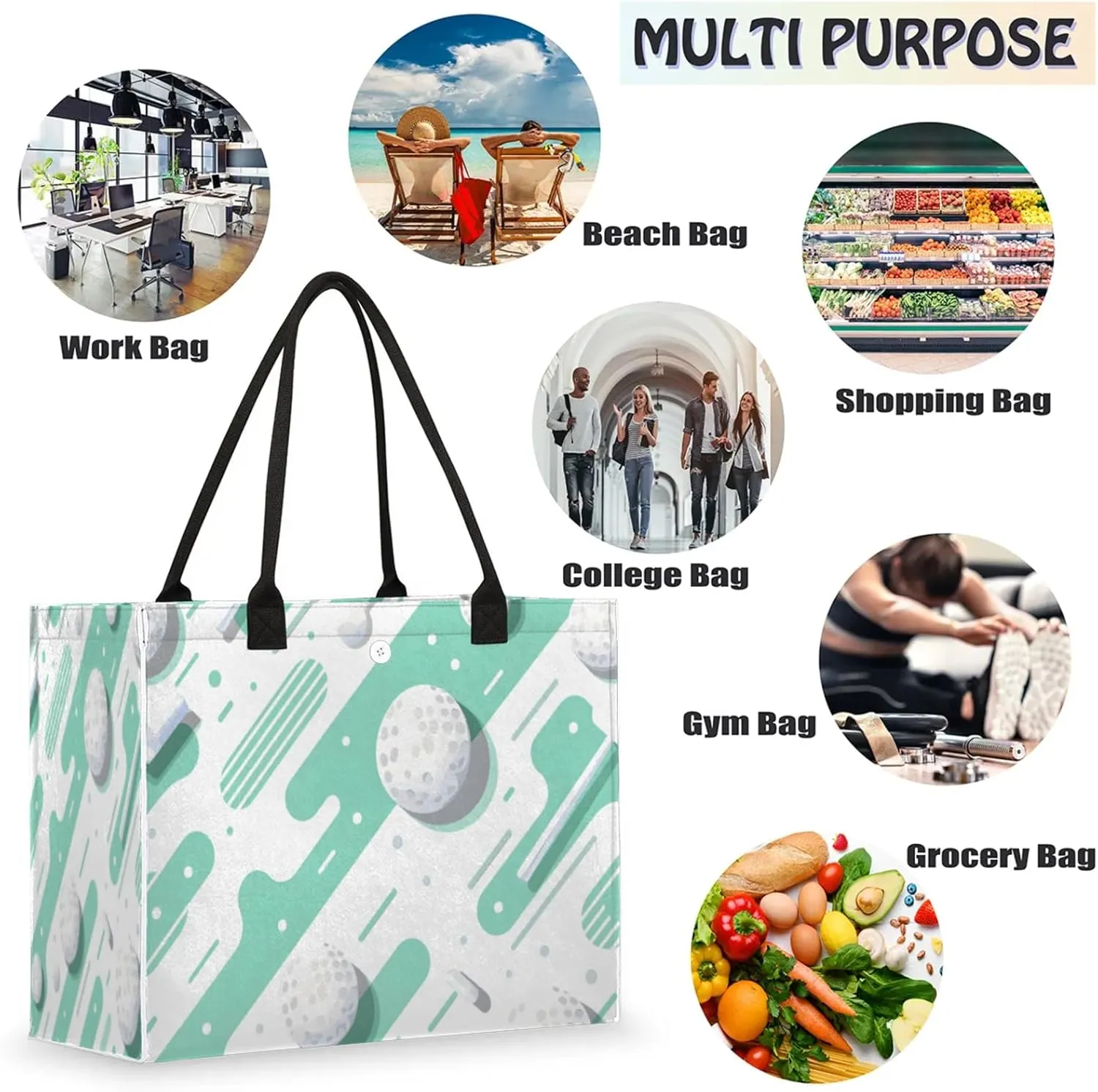 QsirBC Large Tote Bag for Women Men, Travel Beach Bag with Inner Zipper Pocket Snap Closure
