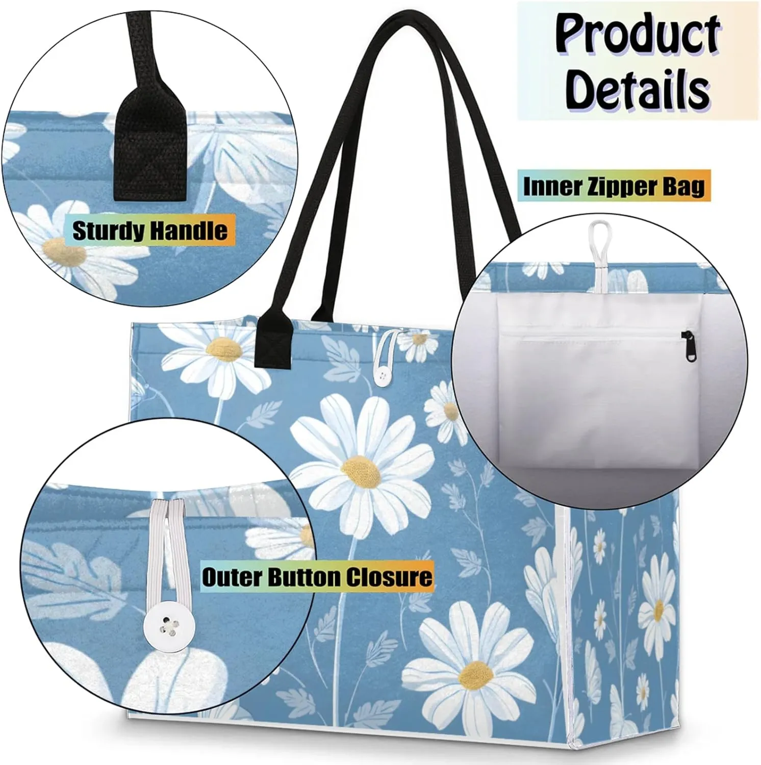 QsirBC Large Tote Bag for Women Men, Travel Beach Bag with Inner Zipper Pocket Snap Closure