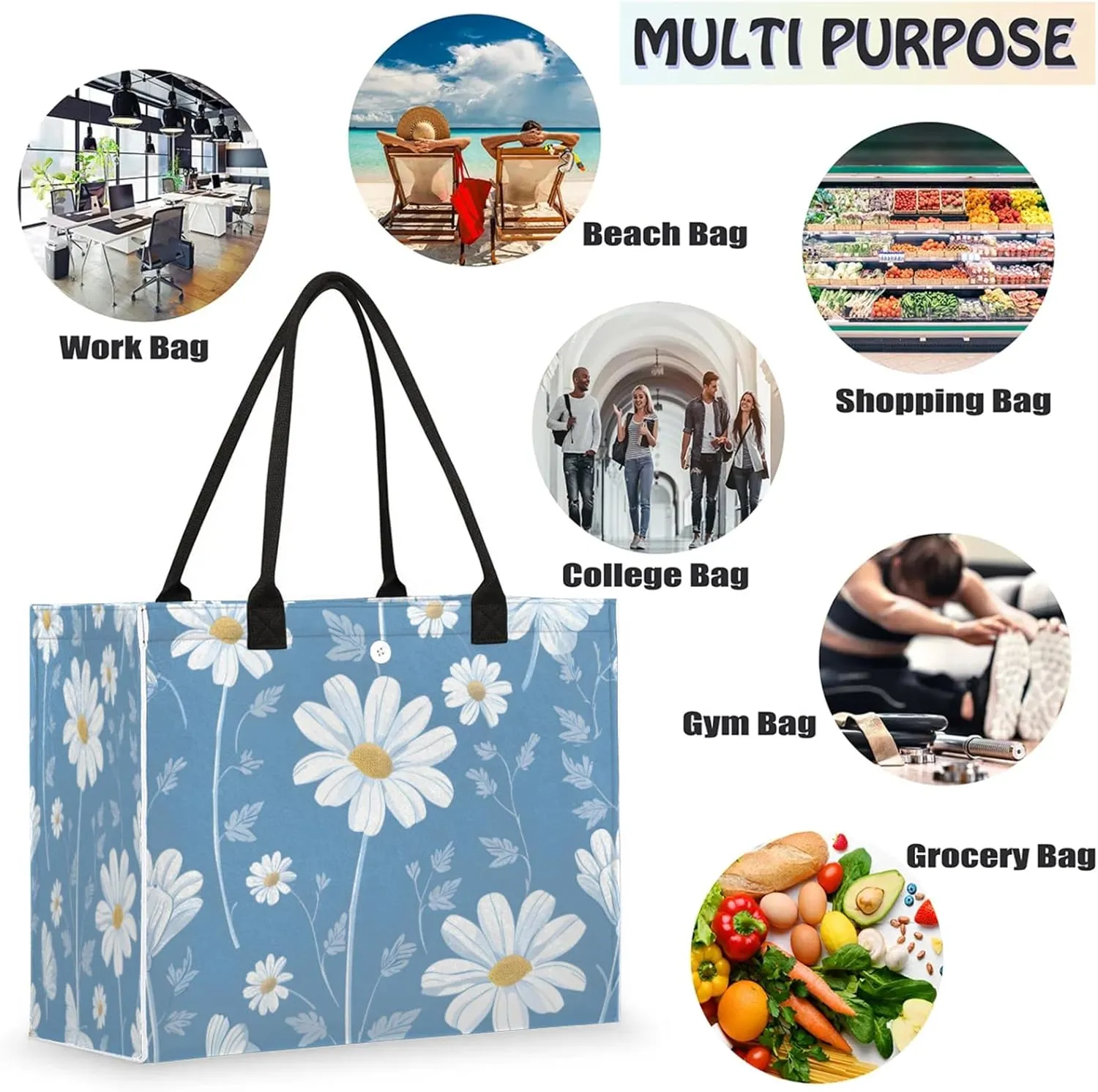 QsirBC Large Tote Bag for Women Men, Travel Beach Bag with Inner Zipper Pocket Snap Closure