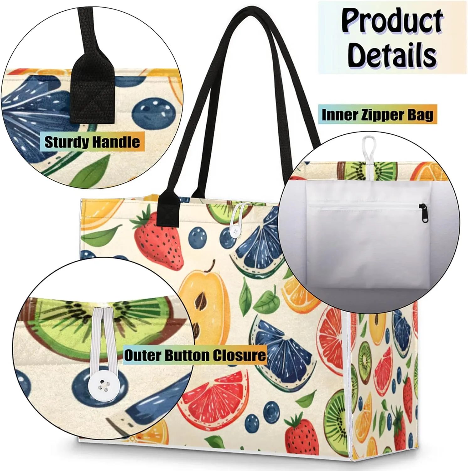 QsirBC Large Tote Bag for Women Men, Travel Beach Bag with Inner Zipper Pocket Snap Closure